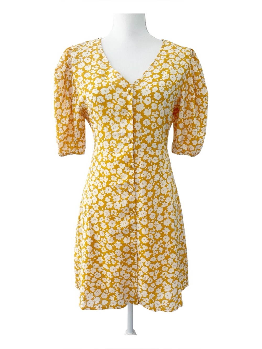 Entro Ditsy Floral Yellow Button Front Puff Sleeve Dress Small NWT